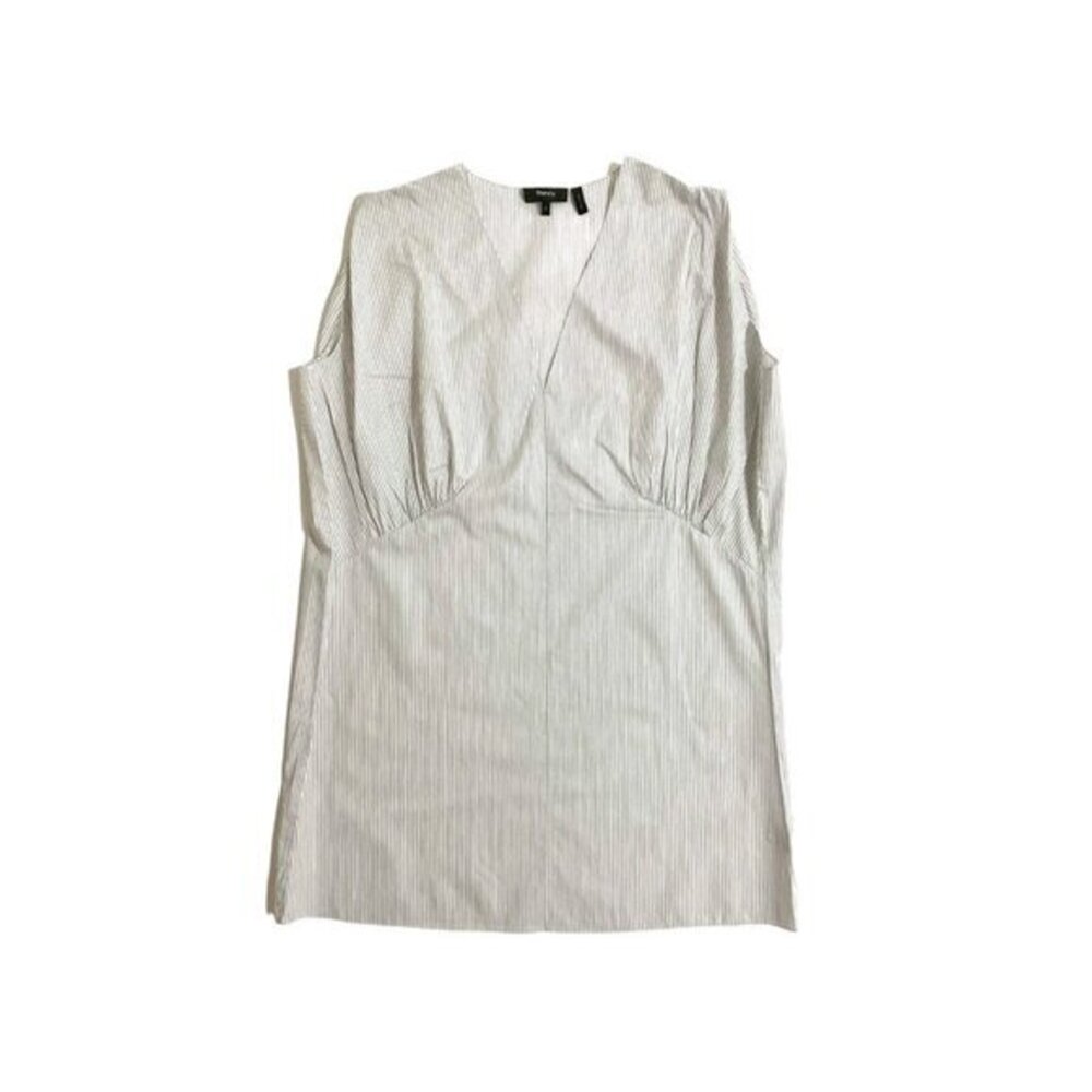 Theory Top V Neck Striped Cotton Tie Drape Mini Katsu Blouse Tunic SZ S New